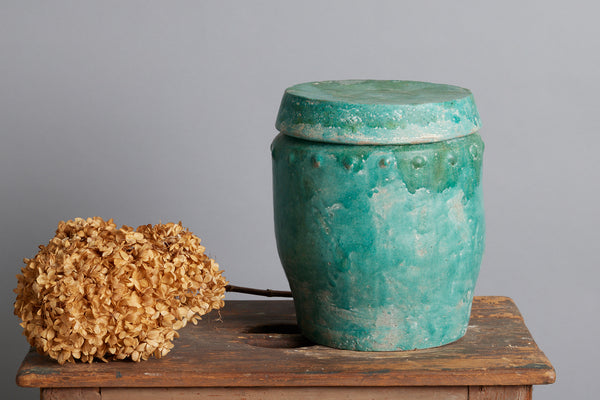 Lidded Blue Green Storage Container from the Island of Borneo