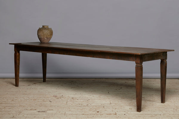 Very Long Dutch Colonial Teak Dining Table with Square Tapered Legs from Sumatra