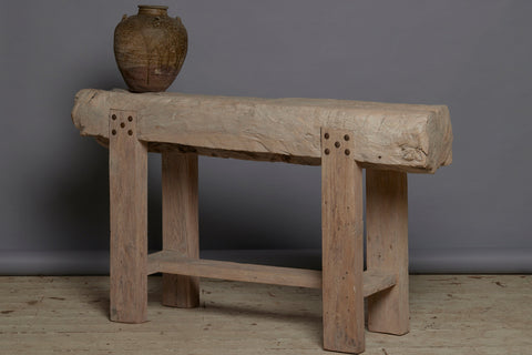 A Thick Top Weathered Teak Console Table with Square Cut Legs and a Stretcher Base