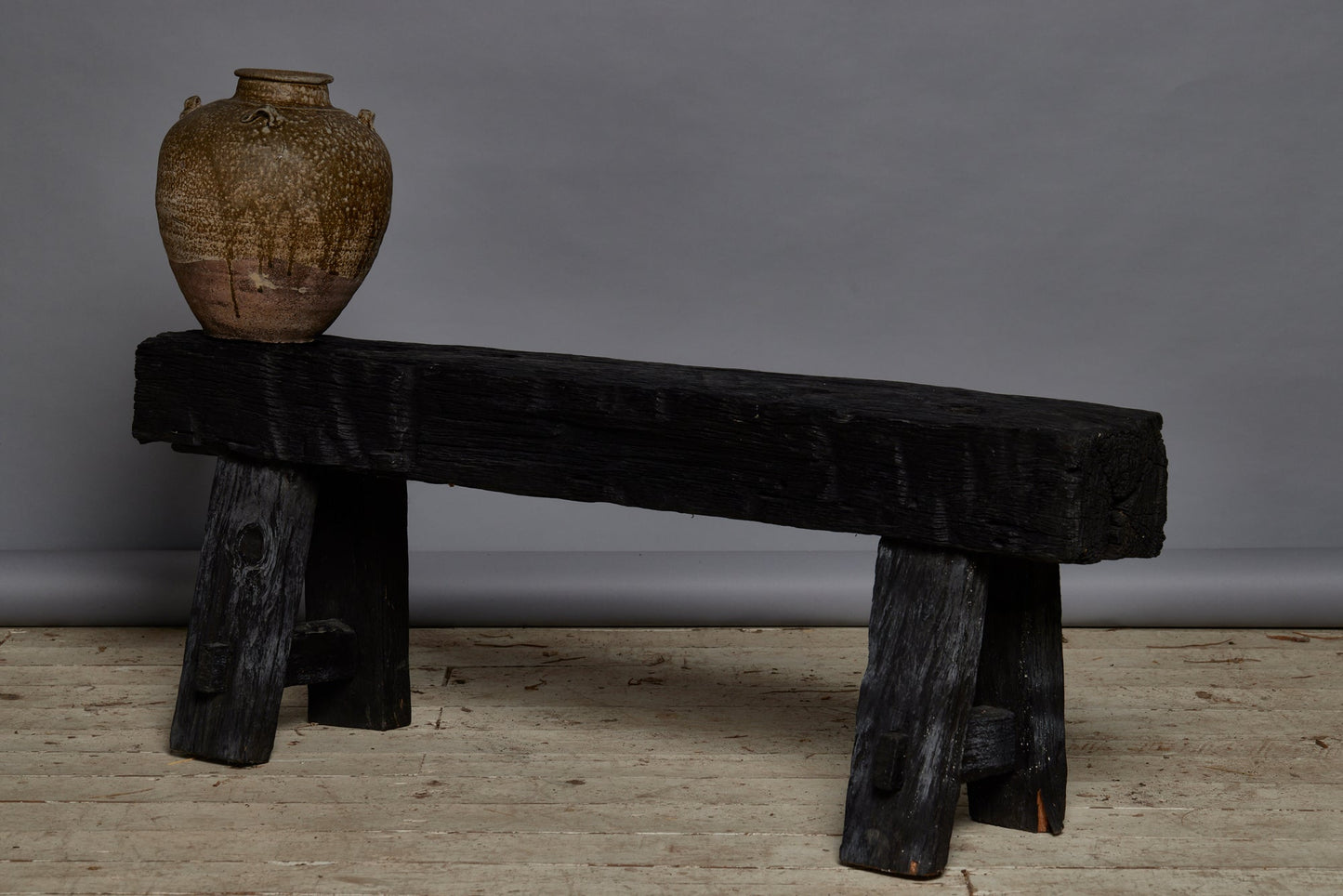 Short Chunky Top Ebonized Teak Bench Made out of a Bridge from Borneo