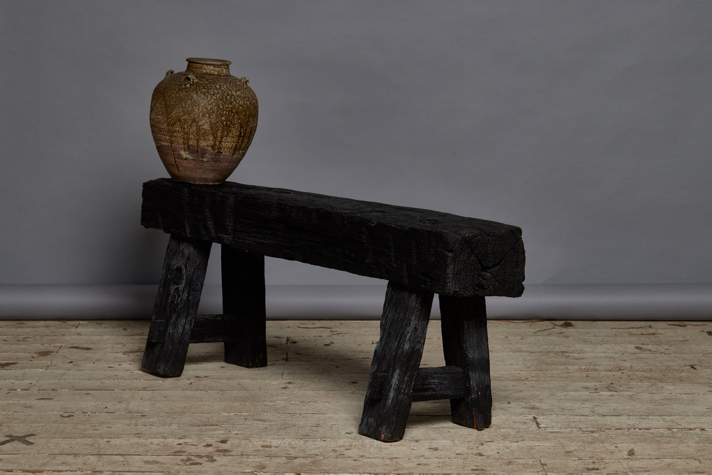 Short Chunky Top Ebonized Teak Bench Made out of a Bridge from Borneo