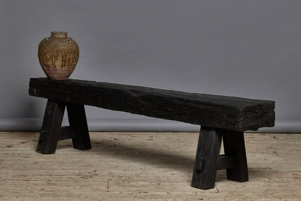 Long Chunky Top Ebonized Teak bench constructed from Bridge parts from Borneo