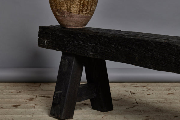 Long Chunky Top Ebonized Teak bench constructed from Bridge parts from Borneo