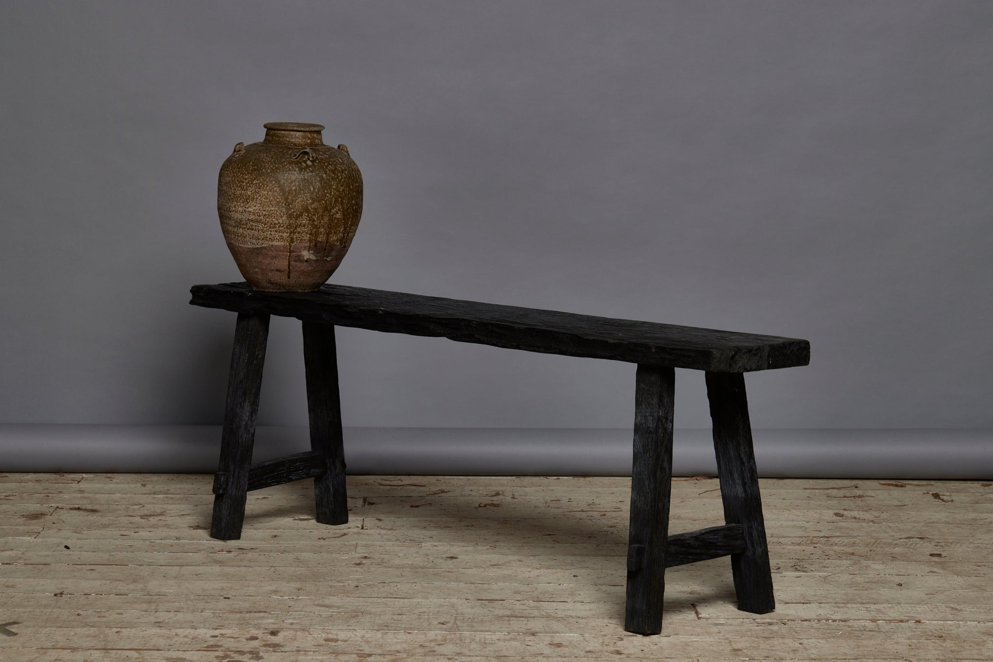 Medium Size Ebonized Teak Bench with Stretcher Base Legs