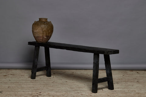 Medium Size Ebonized Teak Bench with Stretcher Base Legs