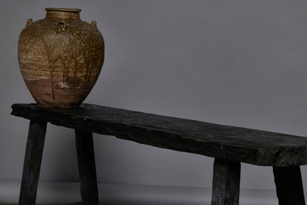 Medium Size Ebonized Teak Bench with Stretcher Base Legs