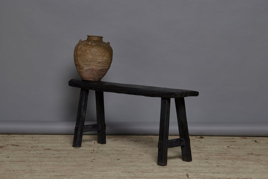 Small Teak Ebonized Splayed Leg Bench with a Delicate Stretcher Base