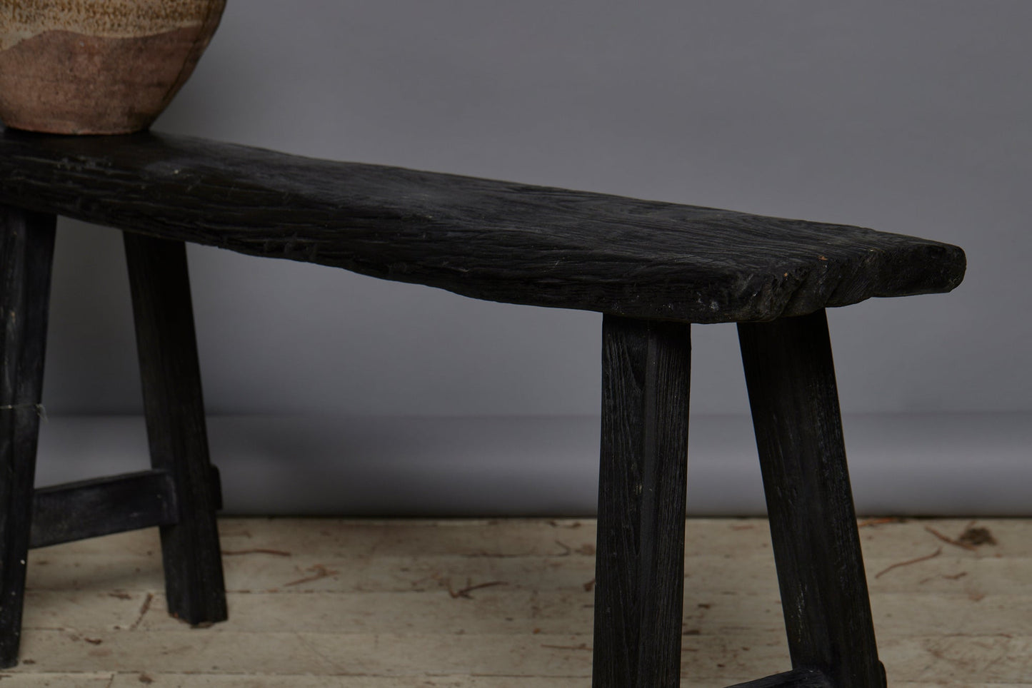 Small Teak Ebonized Splayed Leg Bench with a Delicate Stretcher Base