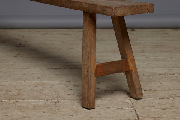 Long Skinnny Dutch Colonial Teak Bench with a Stretcher Base from Java
