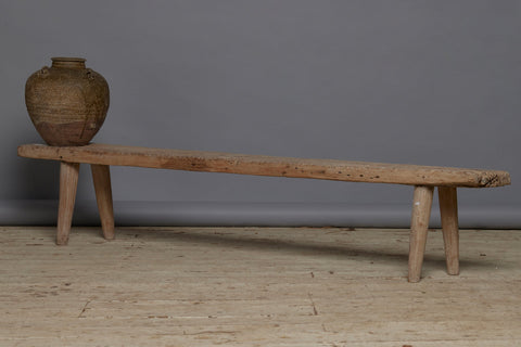 Thick Top White Washed Old Teak Bench with Round Tapered Splayed Legs and a Soft Old Weathered Patina