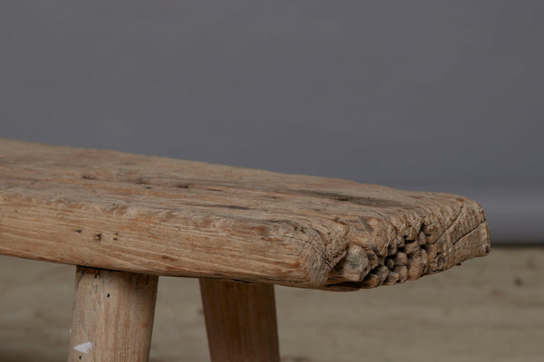 Thick Top White Washed Old Teak Bench with Round Tapered Splayed Legs and a Soft Old Weathered Patina