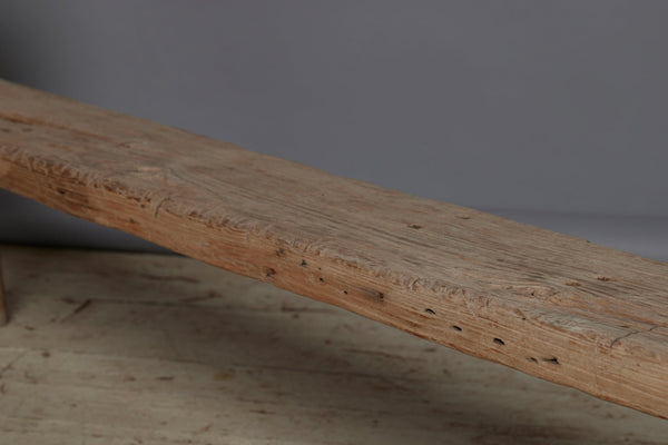 Thick Top White Washed Old Teak Bench with Round Tapered Splayed Legs and a Soft Old Weathered Patina