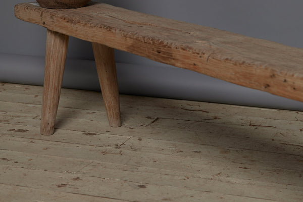 Thick Top White Washed Old Teak Bench with Round Tapered Splayed Legs and a Soft Old Weathered Patina