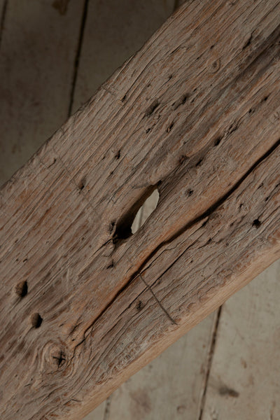Thick Top White Washed Old Teak Bench with Round Tapered Splayed Legs and a Soft Old Weathered Patina