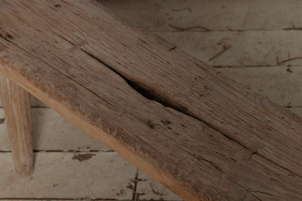 Thick Top White Washed Old Teak Bench with Round Tapered Splayed Legs and a Soft Old Weathered Patina