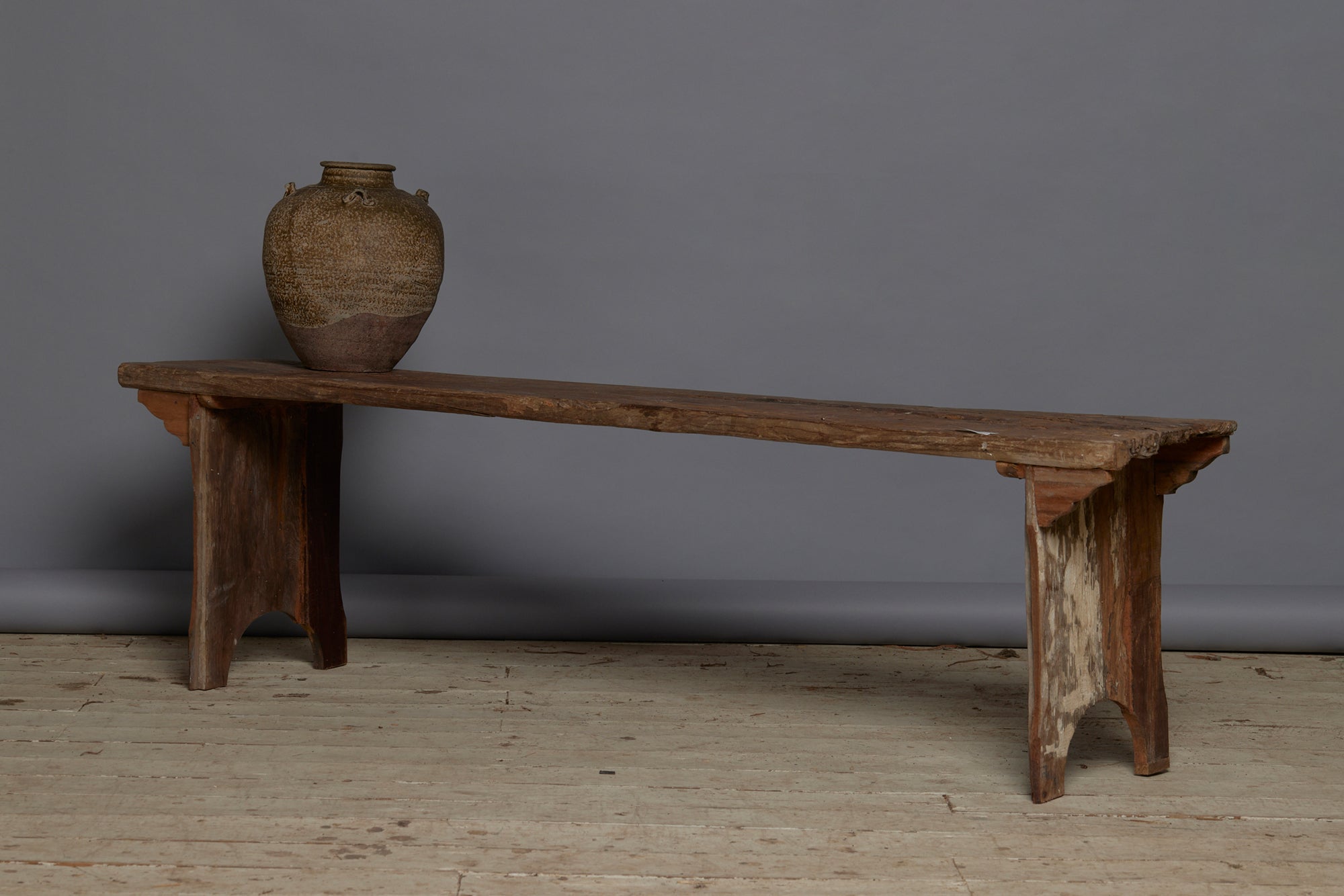Wide Flat Top Dutch Colonial Teak Bench with Solid Ends and a Natural Patina