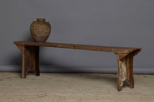 Wide Flat Top Dutch Colonial Teak Bench with Solid Ends and a Natural Patina