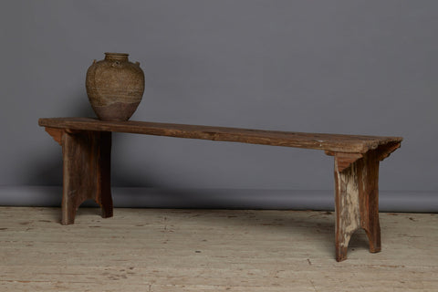 Wide Flat Top Dutch Colonial Teak Bench with Solid Ends and a Natural Patina