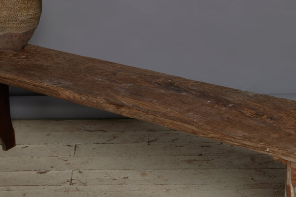 Wide Flat Top Dutch Colonial Teak Bench with Solid Ends and a Natural Patina