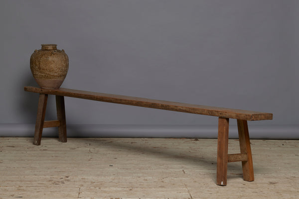 Long Skinny Thick Top Flat Teak Bench with a Splayed Stretcher Base