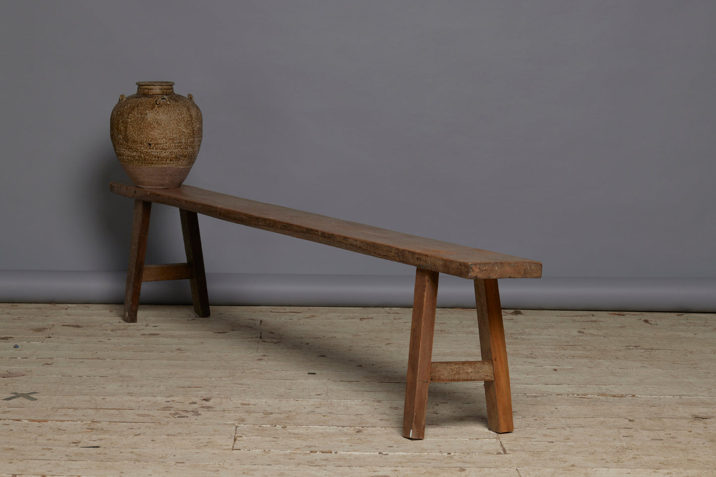 Long Skinny Thick Top Flat Teak Bench with a Splayed Stretcher Base