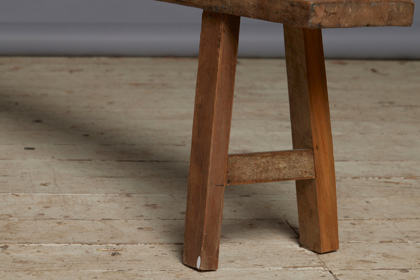 Long Skinny Thick Top Flat Teak Bench with a Splayed Stretcher Base