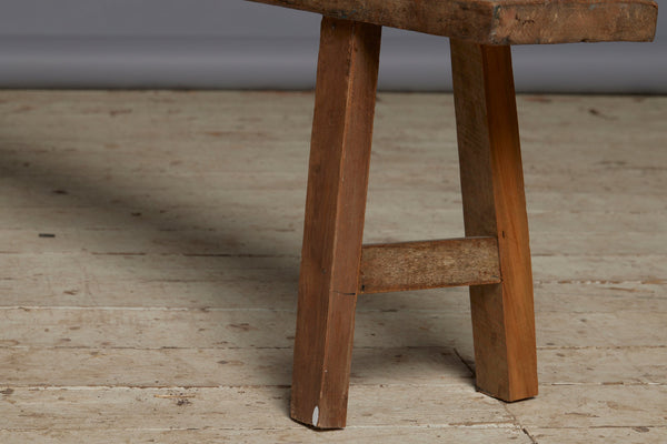 Long Skinny Thick Top Flat Teak Bench with a Splayed Stretcher Base