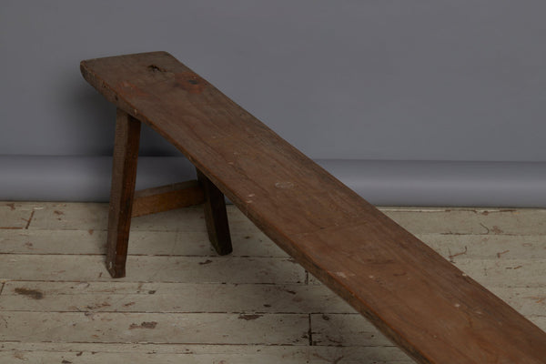 Long Skinny Thick Top Flat Teak Bench with a Splayed Stretcher Base
