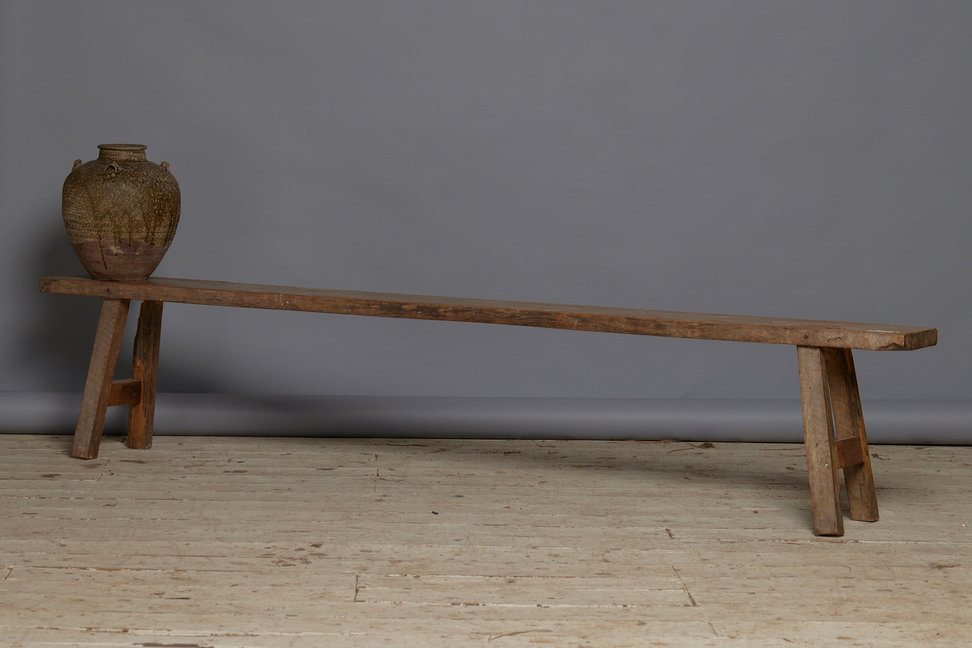 Extra Long Thick Top Skinny Splayed Leg Teak Bench from Jakarta