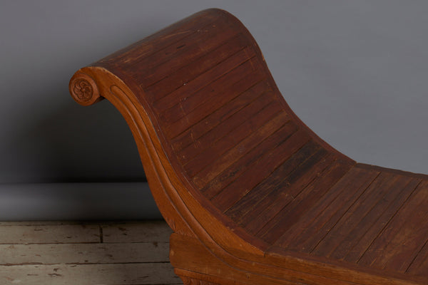 Pair of Slat Seated 19th Century Dutch Colonial Carved Teak Neo Classic Chaises with Stylized Lion Paw Feet and Rosettes