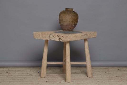 Tapered Leg Bleached Teak Side Table with a Round 18th Century Cut Belgian Blue Stone Insert