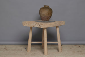 Round Tapered Leg Bleached Teak Side Table with a Round 18th Century Cut Belgian Blue Stone Insert