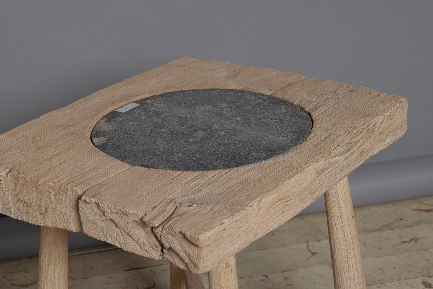 Tapered Leg Bleached Teak Side Table with a Round 18th Century Cut Belgian Blue Stone Insert