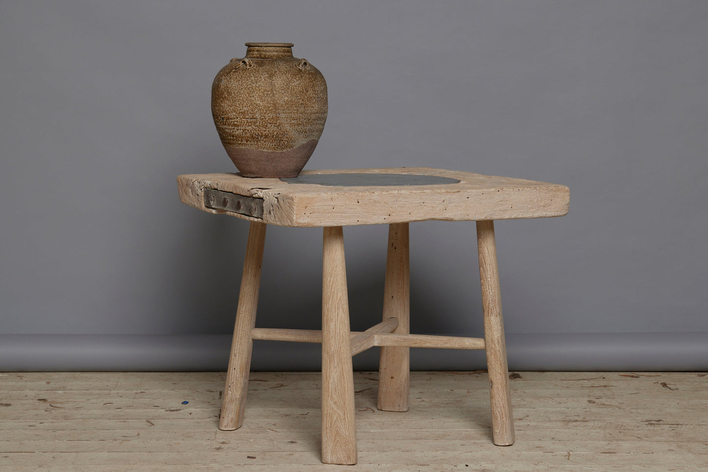 Tapered Leg Bleached Teak Side Table with a Round 18th Century Cut Belgian Blue Stone Insert