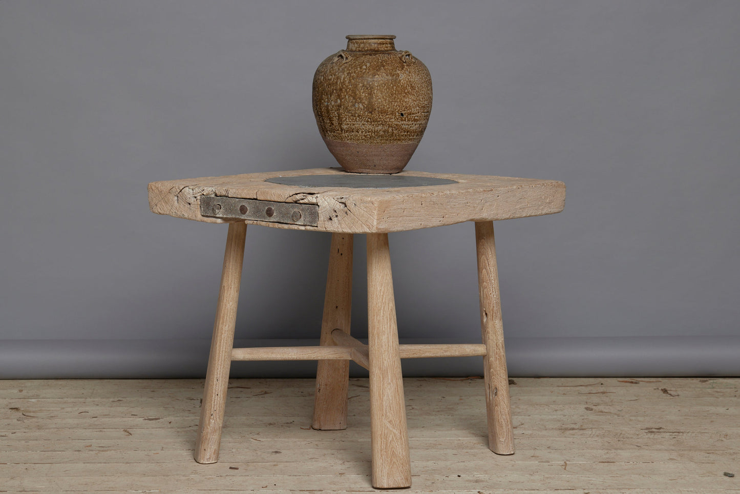 Tapered Leg Bleached Teak Side Table with a Round 18th Century Cut Belgian Blue Stone Insert