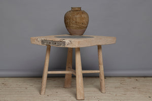 Round Tapered Leg Bleached Teak Side Table with a Round 18th Century Cut Belgian Blue Stone Insert