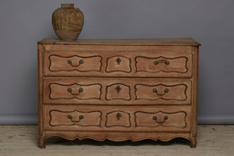 18th Century Bow Front 3 Drawer Belgian Commode with Stylized Cabriole Feet and Old White Washed Finish
