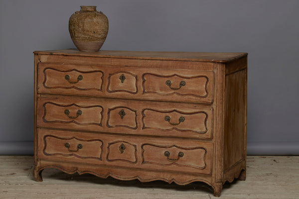 18th Century Bow Front 3 Drawer Belgian Commode with Stylized Cabriole Feet and Old White Washed Finish