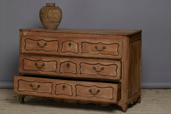 18th Century Bow Front 3 Drawer Belgian Commode with Stylized Cabriole Feet and Old White Washed Finish