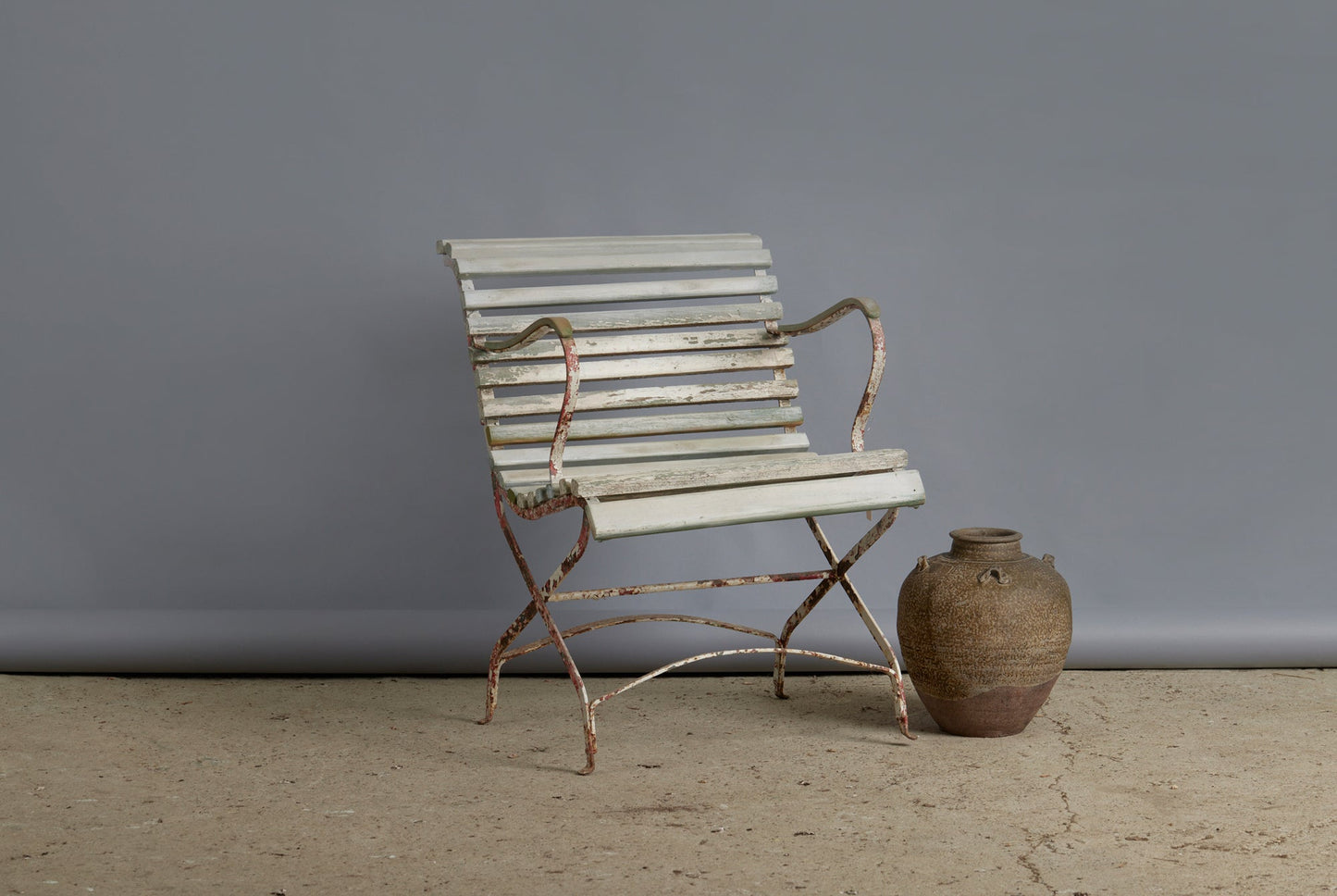 Iron and Wood Scroll Arm French Teak and Wood Garden Chair in Old White