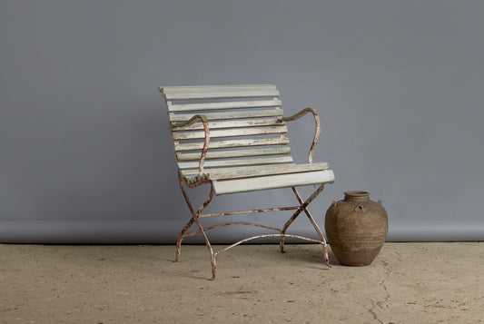 Iron and Wood Scroll Arm French Teak and Wood Garden Chair in Old White