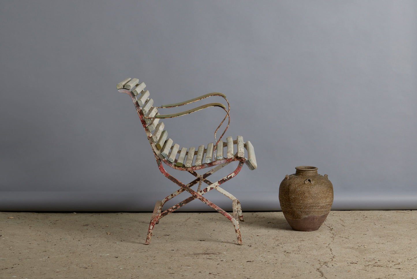 Iron and Wood Scroll Arm French Teak and Wood Garden Chair in Old White