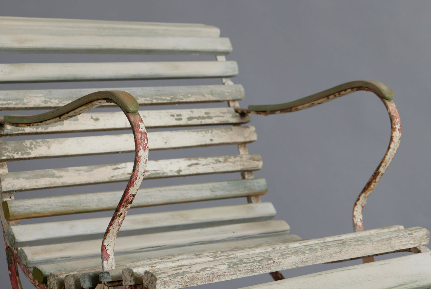 Iron and Wood Scroll Arm French Teak and Wood Garden Chair in Old White