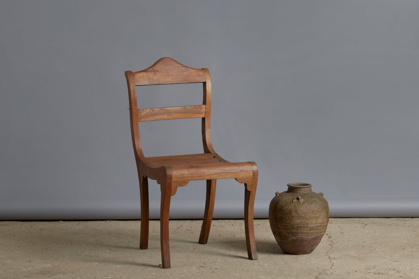 Slat Seat Dutch Colonial Teak Side Chair with a Curved Crest