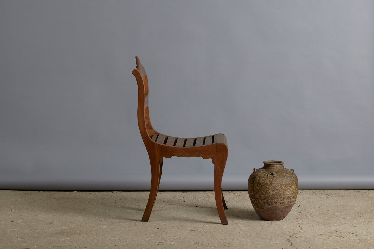 Slat Seat Dutch Colonial Teak Side Chair with a Curved Crest