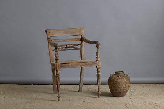 Classic 19th Century Dutch Colonial Teak Raffles Chair with Gadrooned Legs and Carved Back