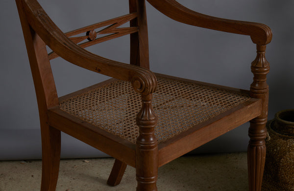 Pair of Light colored Teak Cane Seated Raffles Chairs from Java with a Delicate Gadrooned Legs