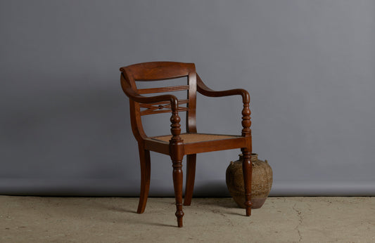 Rolled Arm Dutch Colonial Teak Side Chair with Turned Legs and a Removable Rattan Seat