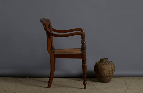 Rolled Arm Dutch Colonial Teak Side Chair with Turned Legs and a Removable Rattan Seat