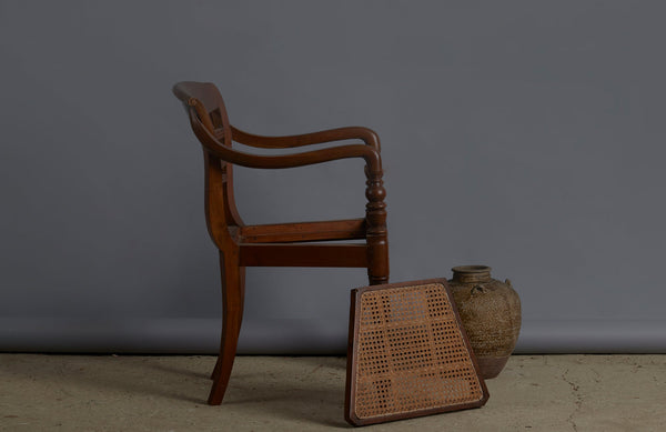 Rolled Arm Dutch Colonial Teak Side Chair with Turned Legs and a Removable Rattan Seat
